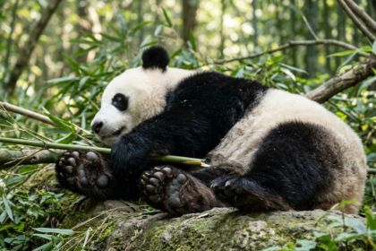 Vista dettagliata dell'anatomia delle zampe anteriori e posteriori del panda gigante con i cuscinetti plantari ben visibili.