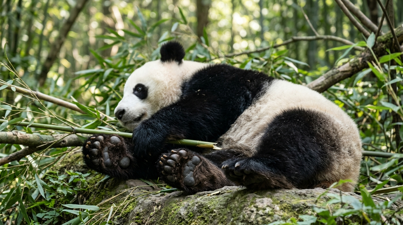 Vista dettagliata dell'anatomia delle zampe anteriori e posteriori del panda gigante con i cuscinetti plantari ben visibili.