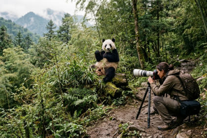 Panda gigante fotografato da una fototrappola nel Parco Nazionale del Panda Gigante in Cina