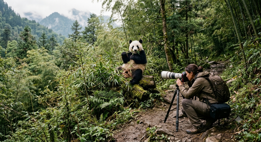 Panda gigante fotografato da una fototrappola nel Parco Nazionale del Panda Gigante in Cina