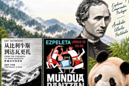 Manifesto del bicentenario di Armand David a Espelette, con il ritratto del padre David e un panda gigante tra il bambù