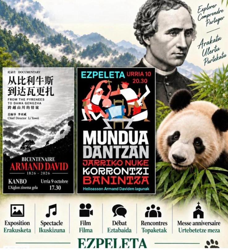 Manifesto del bicentenario di Armand David a Espelette, con il ritratto del padre David e un panda gigante tra il bambù