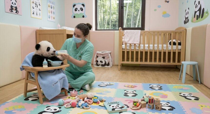 Cucciolo di panda gigante accudito durante i primi mesi di vita