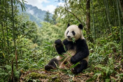 Panda gigante durante una sessione di addestramento con rinforzo positivo attraverso la grata