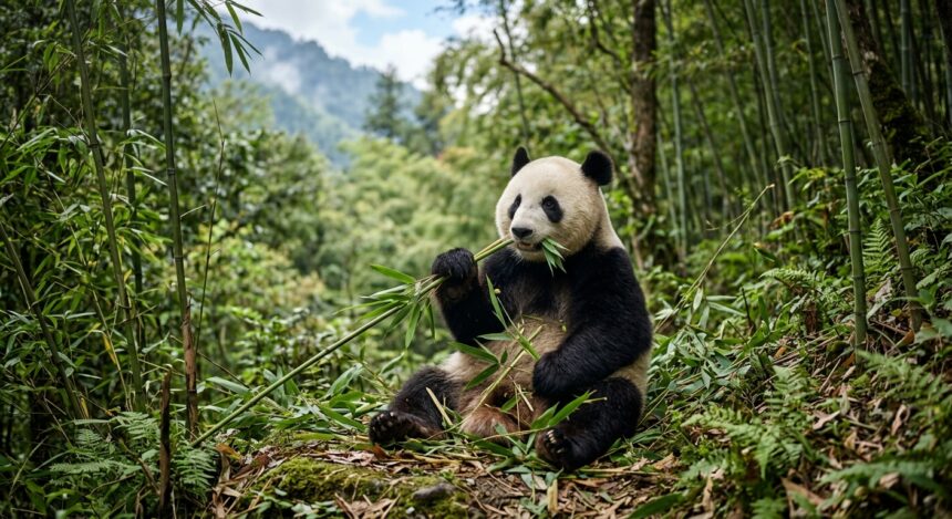 Panda gigante durante una sessione di addestramento con rinforzo positivo attraverso la grata