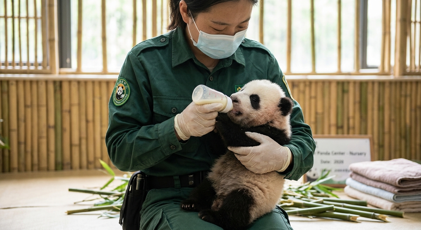 Madre panda gigante che tiene in braccio il cucciolo neonato